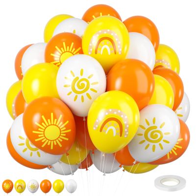 FEYG Sun Balloons, 12 inch Yellow Orange White Latex Balloons Boho Rainbow Sunrise Printed Latex Balloons Half Sun Sunshine Balloons for Sun Party Birthday Baby Shower Decoration Supplies