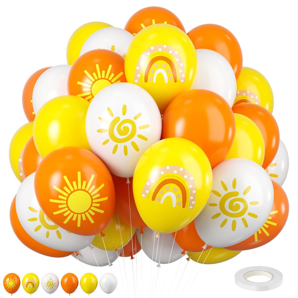 FEYG Sun Balloons, 12 inch Yellow Orange White Latex Balloons Boho Rainbow Sunrise Printed Latex Balloons Half Sun Sunshine Balloons for Sun Party Birthday Baby Shower Decoration Supplies