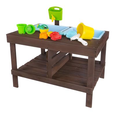 WONKAWOO Sand and Water Table for Toddlers | Outdoor Wooden Sensory Sand Table with 2 Plastic Bins, Built-in Water Tap and Beach Toys Included | Sand & Splash Oasis Standing Play Activity Table