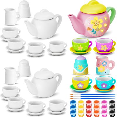 PullCrease 45 Pcs Porcelain Mini Tea Cup Set Including Porcelain Dishes Brush Children Ceramic Play DIY Craftfor Kids Girls 6-8 and up Party Birthday Gift Baby Shower Wedding Supplies(Lovely Style)