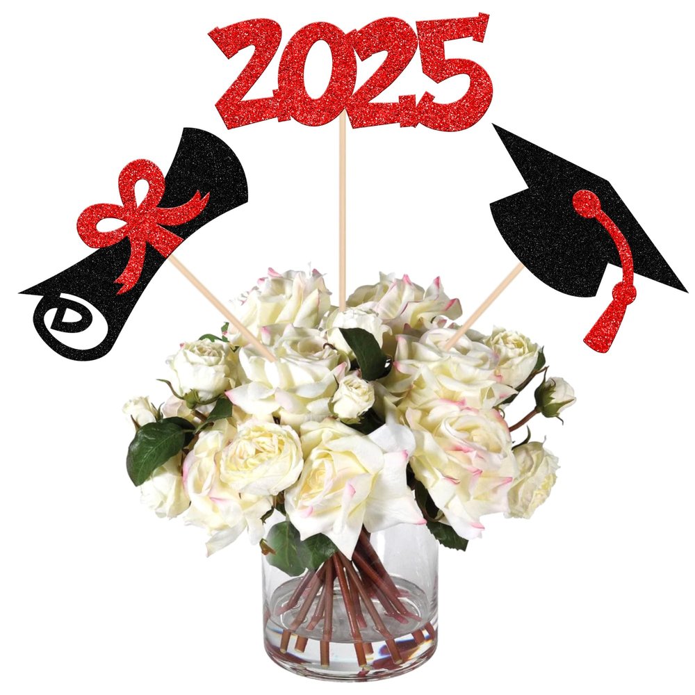 12 PCS Double Sided Glitter 2025 Graduation Party Centerpiece Sticks for Table Diploma Grad Cap Class of 2025 Centerpieces Table Toppers for 2025 Graduation Party Decorations Supplies Red
