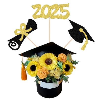 12 PCS Double Sided Glitter 2025 Graduation Party Centerpiece Sticks for Table Diploma Grad Cap Class of 2025 Centerpieces Table Toppers for 2025 Graduation Party Decorations Supplies Gold
