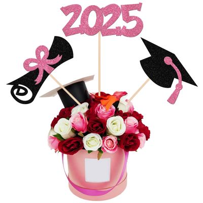 12 PCS Double Sided Glitter 2025 Graduation Party Centerpiece Sticks for Table Diploma Grad Cap Class of 2025 Centerpieces Table Toppers for 2025 Graduation Party Decorations Supplies Pink