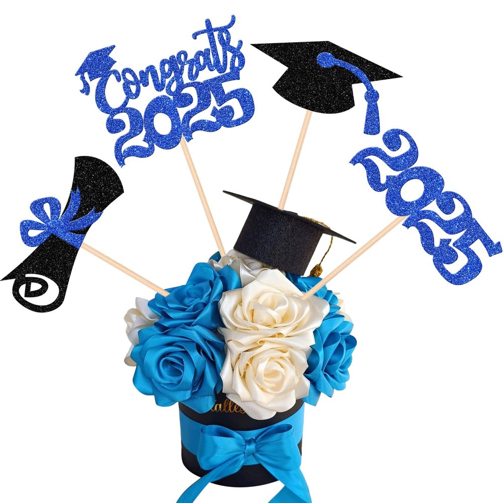 12 PCS Double Sided 2025 Graduation Party Centerpiece Sticks for Table - Congrats Class of 2025 Table Toppers - Blue Party Decorations Supplies