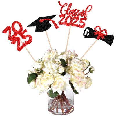12 PCS Double Sided Glitter Class of 2025 Grad Party Centerpiece Sticks 2025 Diploma Graduation Cap Centerpieces Table Toppers for 2025 Graduation Party Flower Decorations Supplies Red