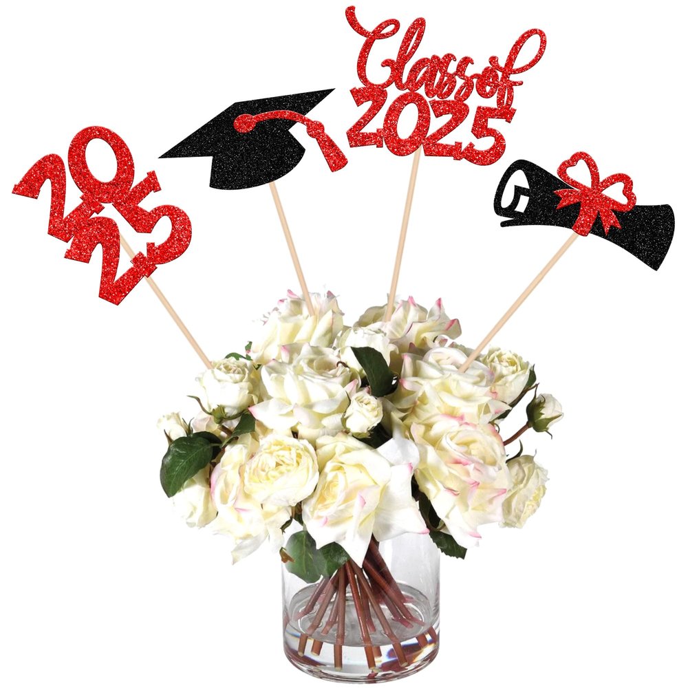 12 PCS Double Sided Glitter Class of 2025 Grad Party Centerpiece Sticks 2025 Diploma Graduation Cap Centerpieces Table Toppers for 2025 Graduation Party Flower Decorations Supplies Red