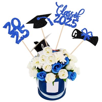 12 PCS Double Sided Glitter Class of 2025 Grad Party Centerpiece Sticks 2025 Diploma Graduation Cap Centerpieces Table Toppers for 2025 Graduation Party Flower Decorations Supplies Blue