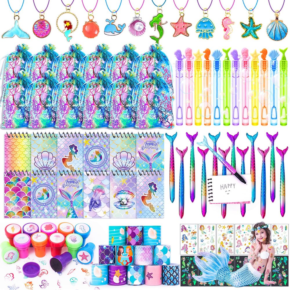 HAPGFS Mermaid Party Favors- Ocean Sea Party Toys Sets for 12 Children Decorations, Goodie Bag Fillers 96 PCS for Kids Summer Party Supplies, Necklace, Bubble Wands Girls Mermaid Birthday Party Favors