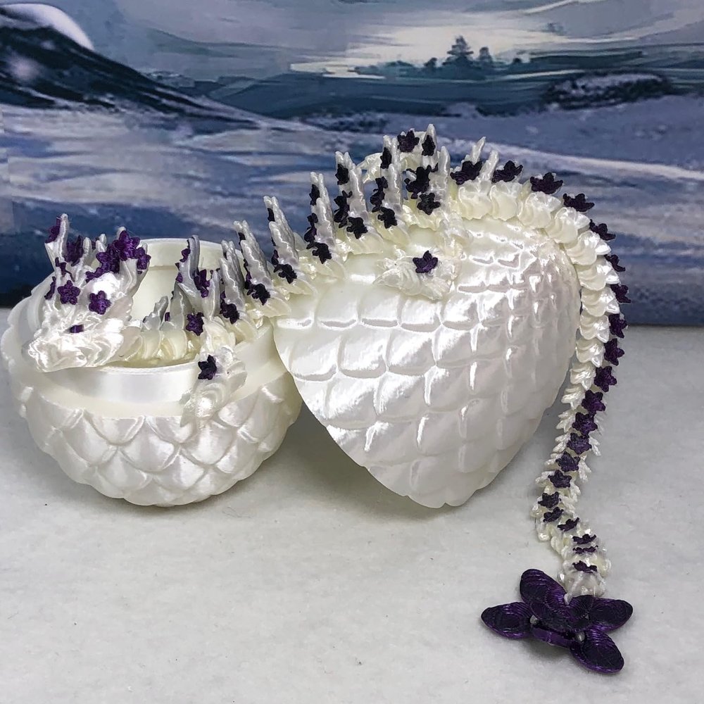 3D Printed Articulated Dragon With Egg - 12" Dual Color Cherry Blossom Dragon, Fidget ADHD Autism Sensory Toy, Executive Desk Toy D017 (White and Purple)