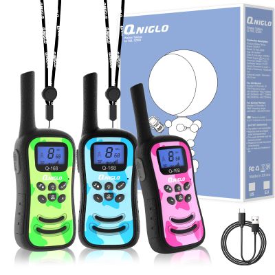 Qniglo Kids Walkie Talkies Rechargeable with USB Charger, 3 Pack Walki Talki for 3-12 Years Old Boys Girls Toys Gifts, Walkie-Talkies with Flashlight Lanyard for Camping Games and Indoor Playing