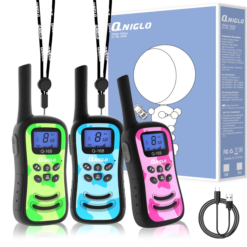 Qniglo Kids Walkie Talkies Rechargeable with USB Charger, 3 Pack Walki Talki for 3-12 Years Old Boys Girls Toys Gifts, Walkie-Talkies with Flashlight Lanyard for Camping Games and Indoor Playing