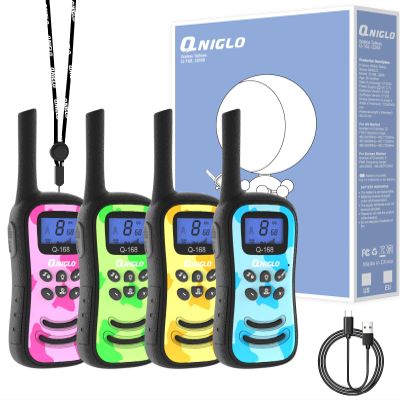 Qniglo Rechargeable Walkie Talkies for Kids with USB Charger, 22 Channels Walkie-Talkies with Lanyard, Camo Toys Gifts 4 Pack Walky Talky for Camping Hiking Family Games, for Age 3 4 5-12 Boys Girls