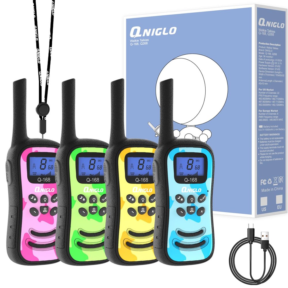 Qniglo Rechargeable Walkie Talkies for Kids with USB Charger, 22 Channels Walkie-Talkies with Lanyard, Camo Toys Gifts 4 Pack Walky Talky for Camping Hiking Family Games, for Age 3 4 5-12 Boys Girls