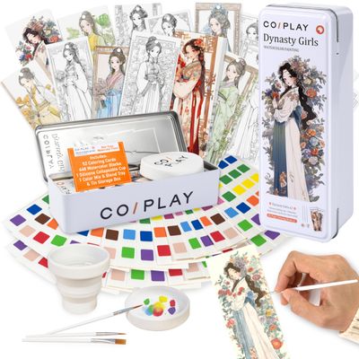 COIPLAY 648 Color Blocks Watercolor Paint Set, 52-Bookmarks, 3 Brushes, Silicone Cup, Dynasty Girls Coloring Books, for All Ages, Travel-Friendly, Easy to Use, All in One Art Supplies Craft kit