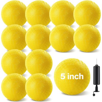 HSLCGF 12 Pack Dodgeballs 5 Inch Playground Ball Kickball Yellow Inflatable Rubber Handball Bouncy Dodge Ball with 1 Hand Pump for Outdoors Ball Games Gym Camps Picnic