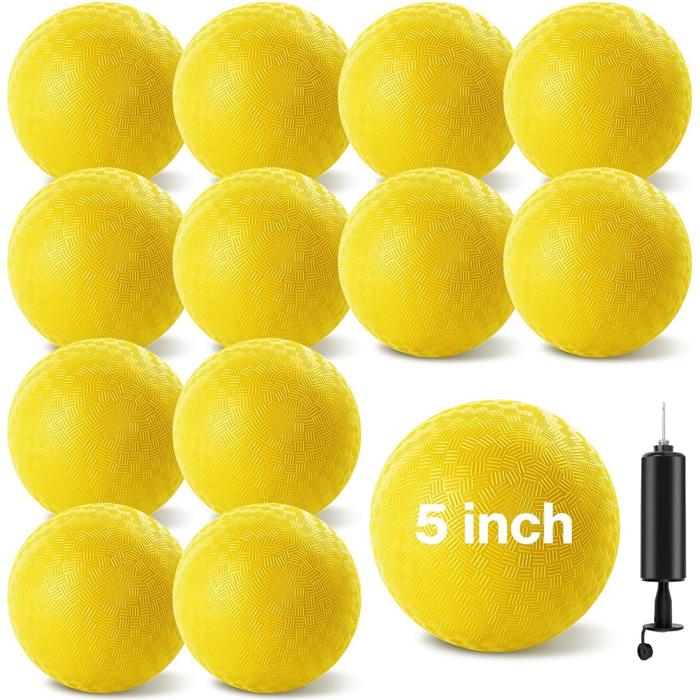 HSLCGF 12 Pack Dodgeballs 5 Inch Playground Ball Kickball Yellow Inflatable Rubber Handball Bouncy Dodge Ball with 1 Hand Pump for Outdoors Ball Games Gym Camps Picnic