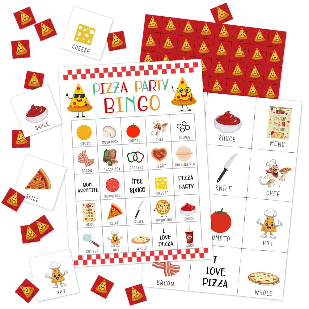 GaNiao Pizza Party Bingo Game 24 Players Pizza Party Time Bingo Cards for Women Man Birthday Party Favors for Friends Family Holiday Party Activities Supplies Party Decoration Bingo Game- JK0102