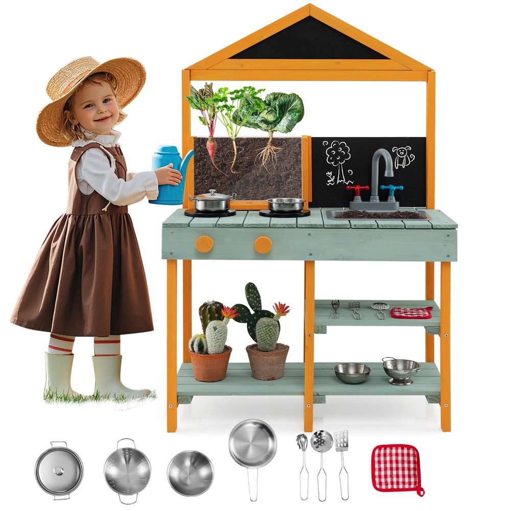 HONEY JOY Mud Kitchen, Fir Wood Outdoor Play Kitchen for Toddlers, Transparent Root Viewer Planter, Realistic Faucet & Sink, Stoves, Chalkboard, Storage Shelf, Mud Kitchen for Kids Outdoor Backyard