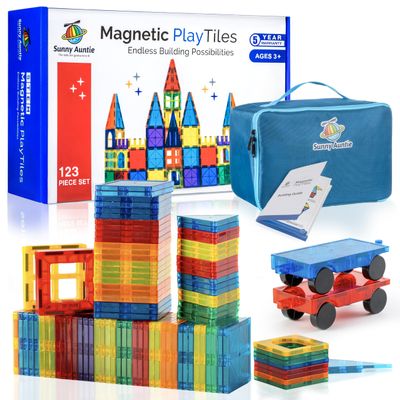 SUNNY AUNTIE Magnetic Tiles 123 PCS + Zippered CASE, Magnetic Tiles for Kids Toy for 3 4 5 6 7 8 Year Old Boys & Girls, Great Gift for Kids Aged 3-8