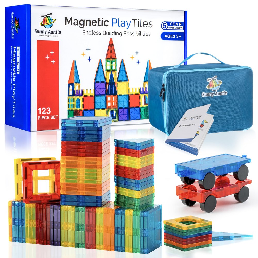 SUNNY AUNTIE Magnetic Tiles 123 PCS + Zippered CASE, Magnetic Tiles for Kids Toy for 3 4 5 6 7 8 Year Old Boys & Girls, Great Gift for Kids Aged 3-8