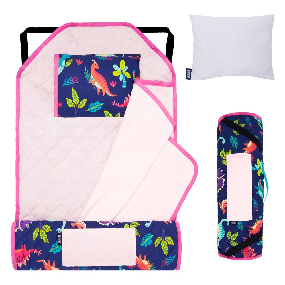 Wildkin Modern Kids Nap Mat Soft Cotton Blend with Pillow & Elastic Straps for School & Travel - Darling Dinosaurs