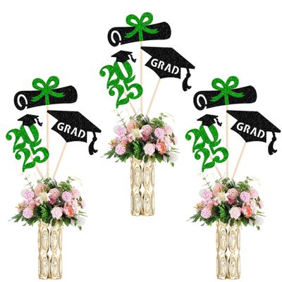12 Pack 2025 Graduation Centerpiece Sticks Assembled Glitter Class of 2025 Lawyer Cake Toppers Diploma Grad Cap Table Centerpiece Sticks for School 2025 Graduation Theme Party Green