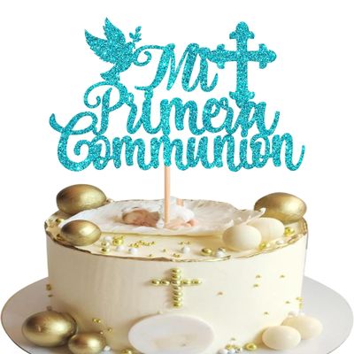 1 Pack Spanish Mi Bautizo Cake Topper with Glitter Cross Holy First Communion Baptism Cake Toppers Picks Religious God Bless Baptism Theme Baby Shower 1st Birthday Party Decorations Supplies Blue