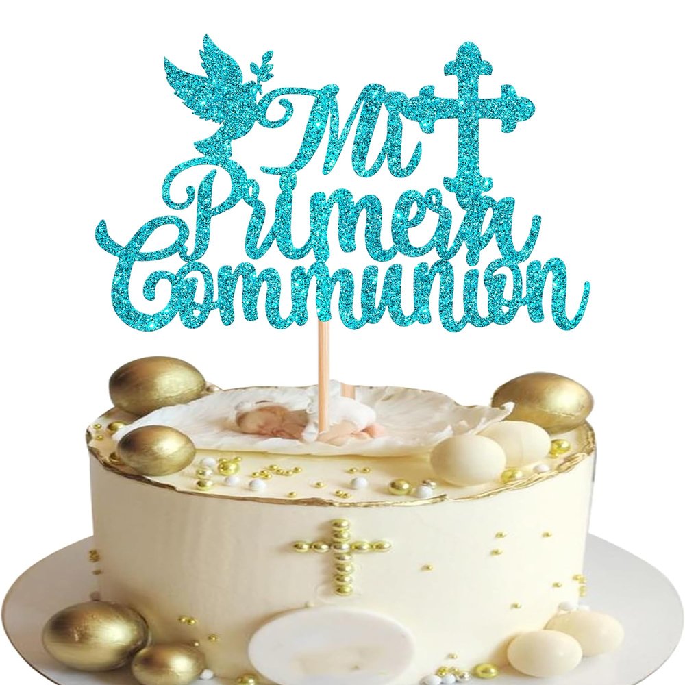 1 Pack Spanish Mi Bautizo Cake Topper with Glitter Cross Holy First Communion Baptism Cake Toppers Picks Religious God Bless Baptism Theme Baby Shower 1st Birthday Party Decorations Supplies Blue