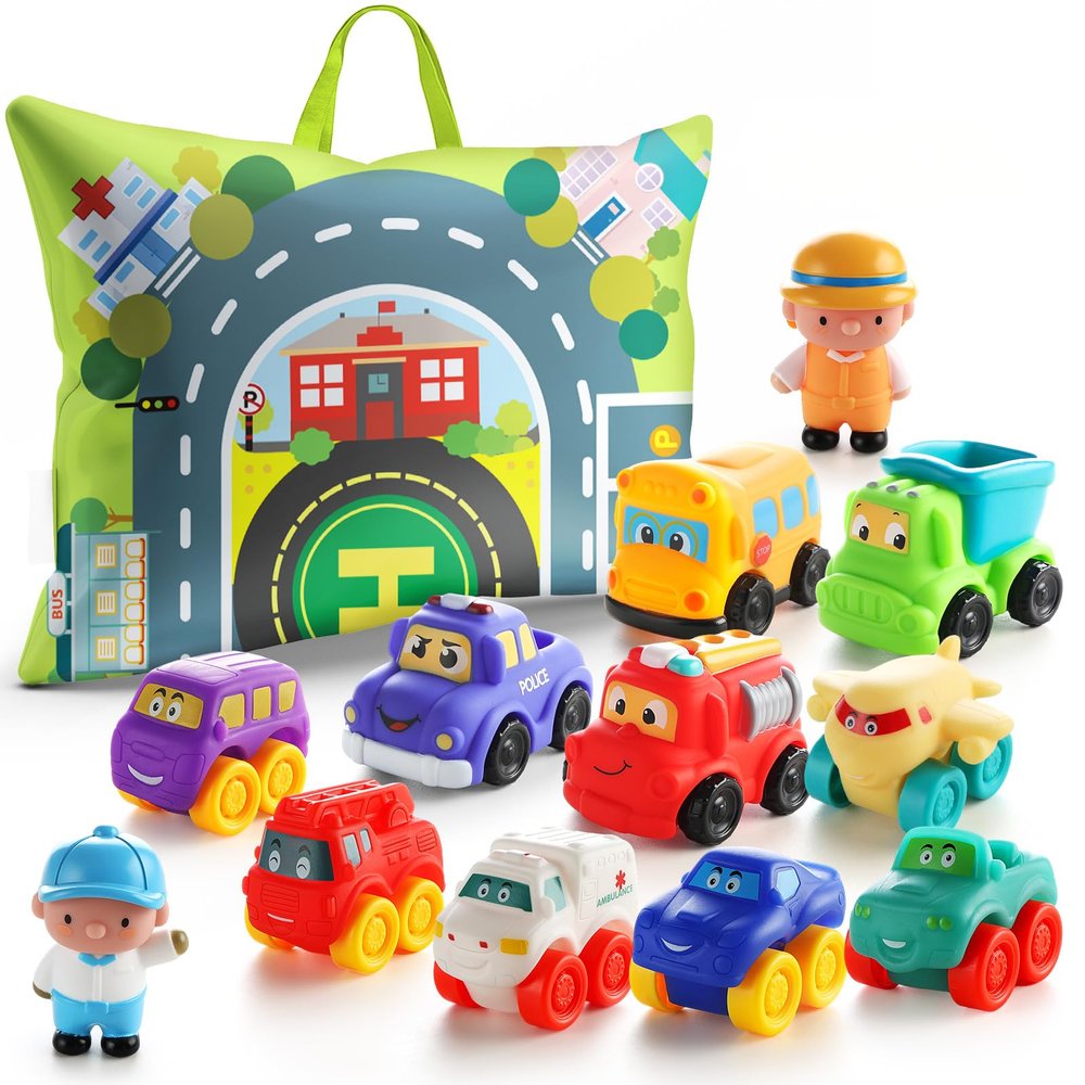 bessome Soft Rubber Toy Figure Car for 1 Year Old Boy with Playmat (Storage Bag)|12 PCS Cartoon Cars Baby Toys for 12-18 Months & Toddler Age 1-2|First Birthday for 1 2 3 Year Old Boy