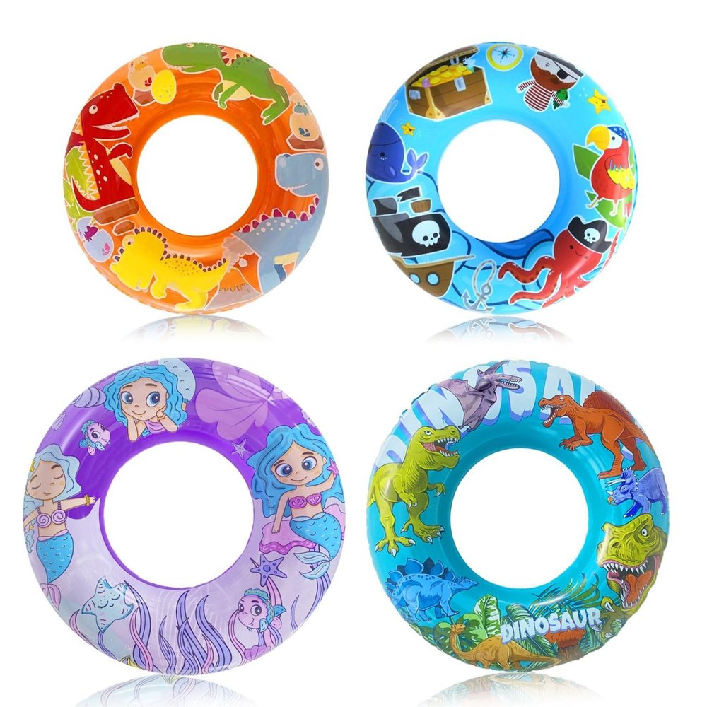 4 Pack Inflatable Pool Floats, 36" & 24" Pool Tubes for All Ages, Unique Dino, Mermaid, Pirate Inner Tube Floaties for Swimming, Swim Ring and Pool Party Toys for Kids 3-5 4-8 8-12, Teens, Adults