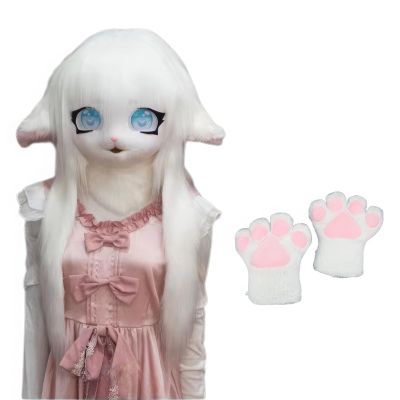 Rolamumu Anime Style Hood, Furry Animal MaskWearable Hood Party Disguise, Lolita Cosplay Costume Headgear With Cat Paw Gloves (Color : 8)