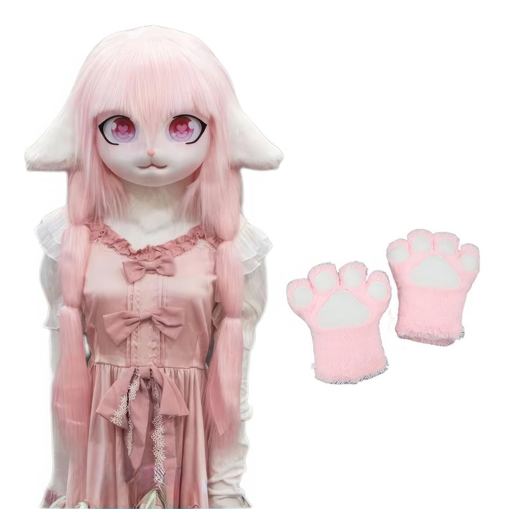 Rolamumu Anime Style Hood, Furry Animal MaskWearable Hood Party Disguise, Lolita Cosplay Costume Headgear With Cat Paw Gloves (Color : 3)