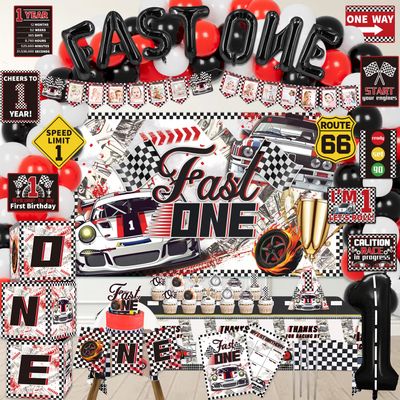 LXlucktim Fast One Birthday Decorations, 125 Pcs Race Car First 1st Birthday Party Supplies for Boys Baby - Banner, Cake Toppers, Balloons, Tablecloth, Centerpieces, Crown, Poster, Baby Boxes