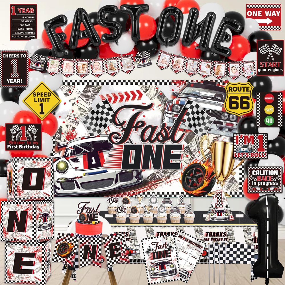 LXlucktim Fast One Birthday Decorations, 125 Pcs Race Car First 1st Birthday Party Supplies for Boys Baby - Banner, Cake Toppers, Balloons, Tablecloth, Centerpieces, Crown, Poster, Baby Boxes