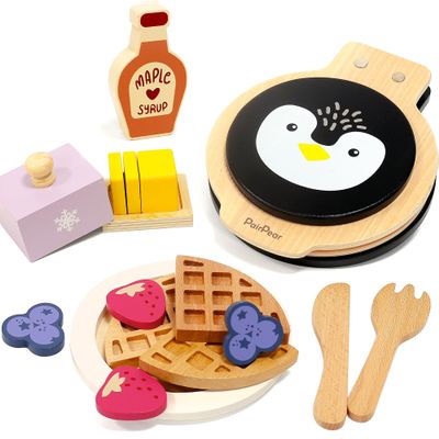 PairPear Wooden Waffle Maker Toy Food Playset, Kids Pretend Play Food Kitchen Accessories, Wooden Cooking Toy Baking Playset, Toddler Play Breakfast Brunch Tea Sets Cutting Food Gift for Girls Boys 3+