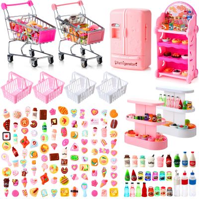 Rotatingpals 158 Pcs Mini Shopping Cart Basket Miniature Food Drink Bottle Mini Supermarket Trolleys Tiny House Party Accessories