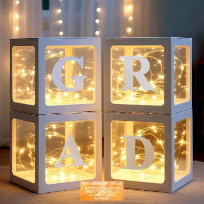 Ledido 2026 Graduation Balloon Boxes Decorations, 4 Pieces White Clear Grad Balloon Boxes with Letters & Fairy Lights, Class of 2026 Graduation Party Supplies for College, Prom, Birthday, Baby Shower
