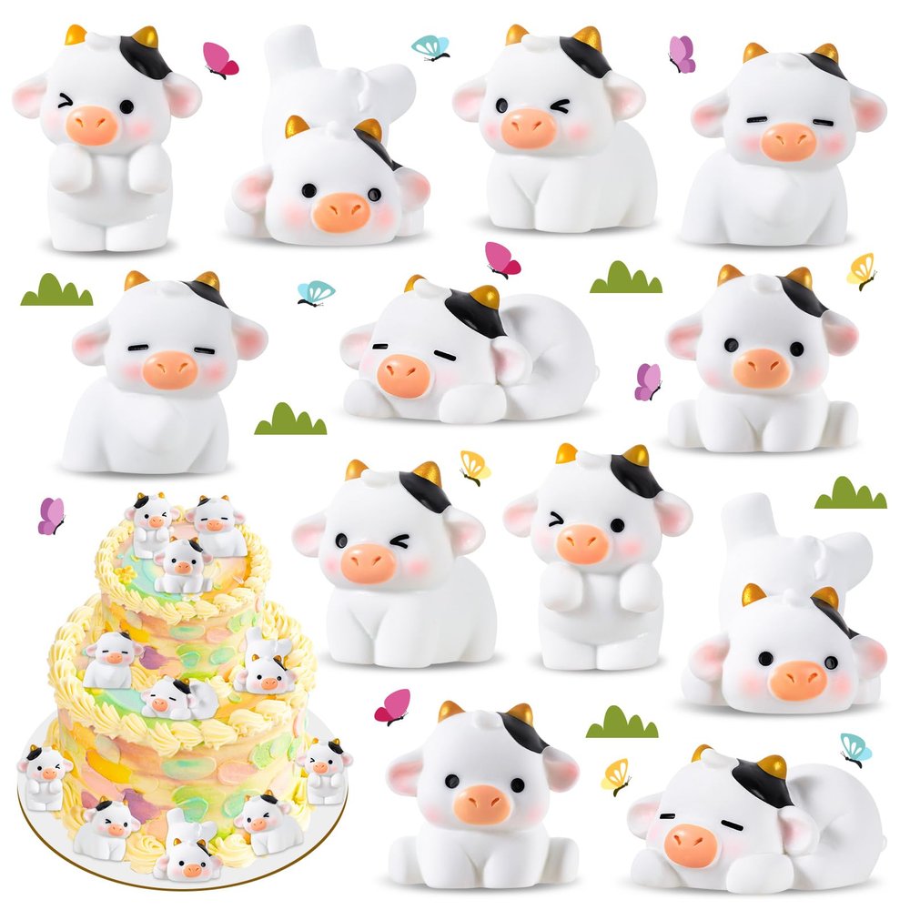 12 Pcs Mini Cows, Mini Resin Cows Figurines, Tiny Mini Animals Miniature Figurines, Cute Cow Cupcake Toppers Fairy Garden Miniature Landscape Ornaments for Home Dcor, Cake Decoration, DIY Crafts