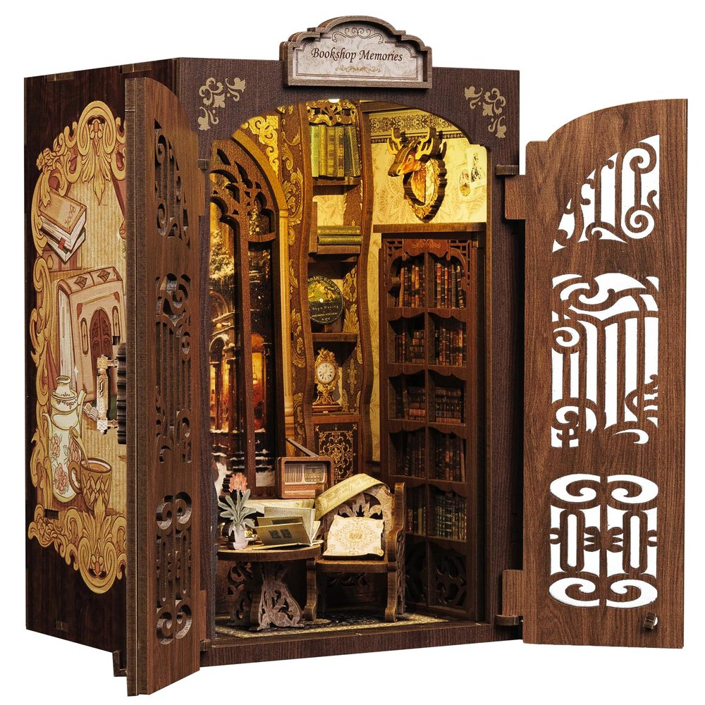 CUTEBEE Book Nook Kit - DIY Miniature House Dollhouse Kit for Adult and Teens, Booknook Bookshelf Decor Alley Model Build with LED Light, Gifts for Family and Friends (Bookshop Memories)