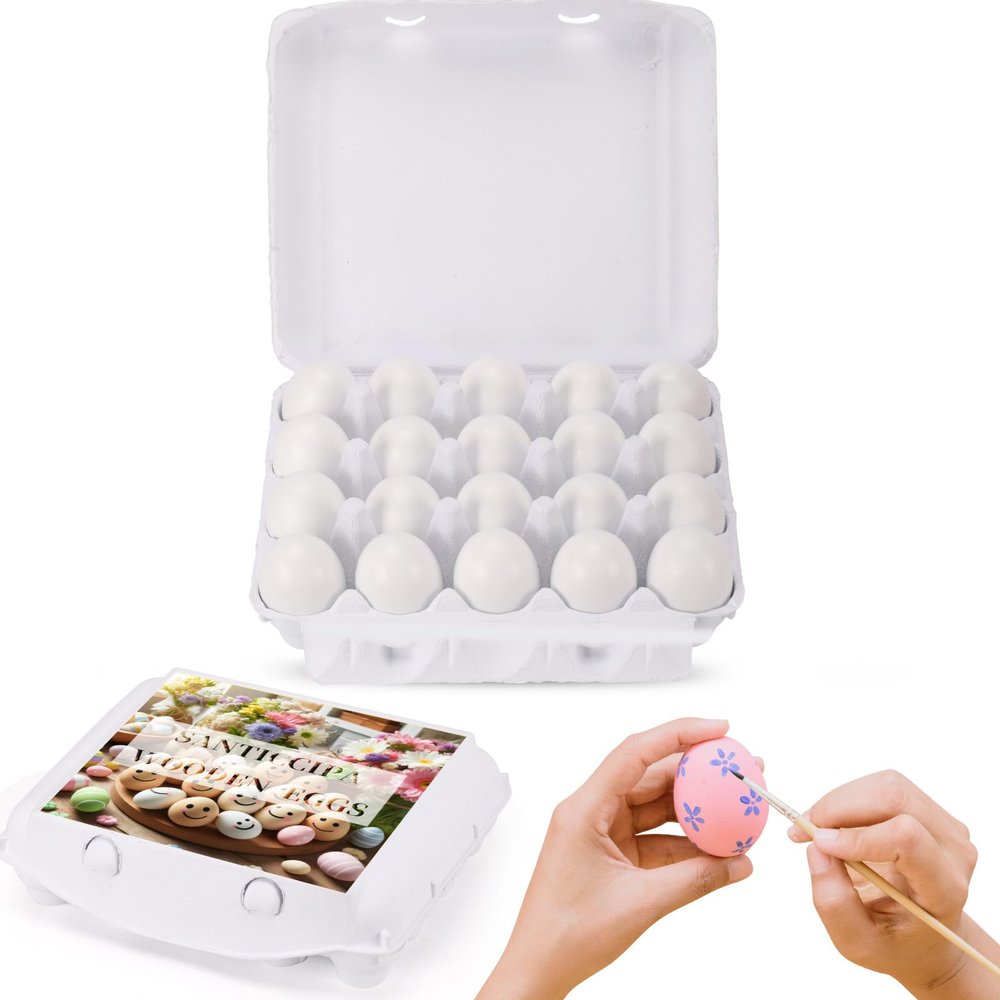 Santiccipa White Fake Easter Eggs, 20-Count Wooden Eggs in Carton for Painting and Crafts, Food Toys for Kitchen Play and Room Decor, Eggs for Nesting Boxes and Poultry Incubators.