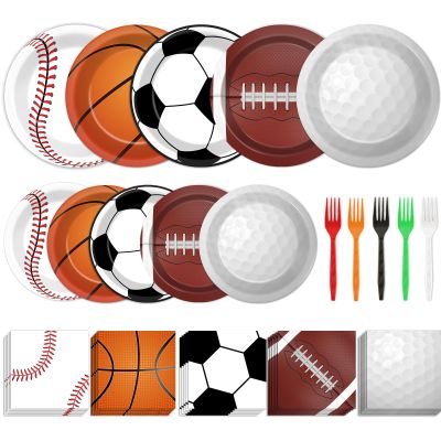 100 Pcs Sports Birthday Party Decorations Sports Themed Plates and Napkins Basketball Football Soccer Baseball Rugby Disposable Dessert Tableware Set for Boy Birthday Party Supplies Favors