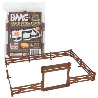 BMC Classic Marx Farm Ranch Fence & Gate - Brown 10pc Plastic Playset Accessory