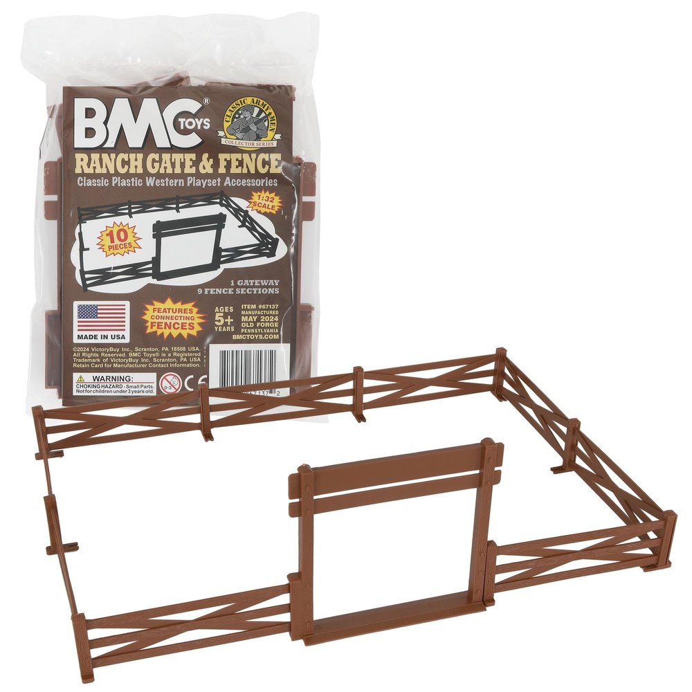 BMC Classic Marx Farm Ranch Fence & Gate - Brown 10pc Plastic Playset Accessory
