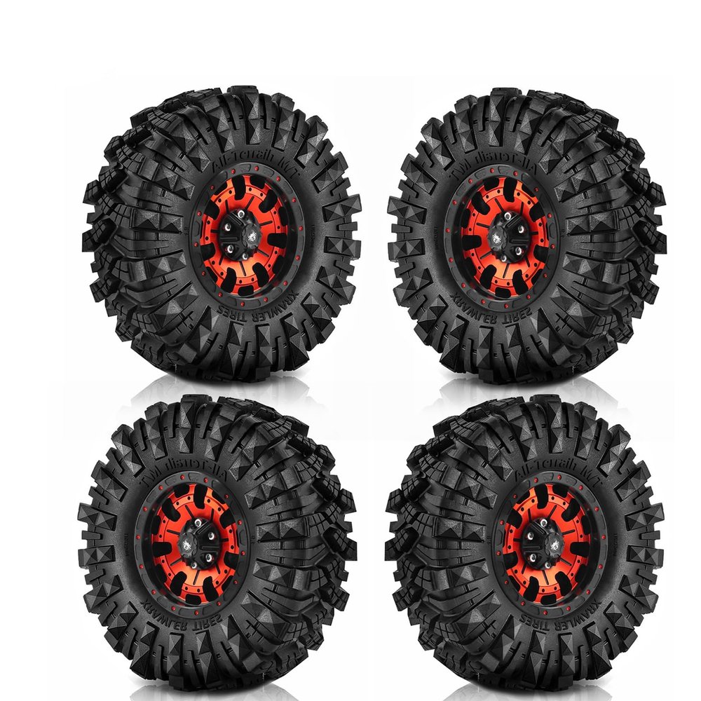 REDSPIDER 1.9 Beadlock Wheels and Tires Set4PSC Mud Specific Tire Metal wheels 1.9 Tires Has Super Strong Grip for 1/10 RC Crawler Car Axial SCX10 Pro Capra UTB18 TRX4 (Red)