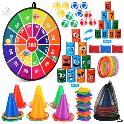 Hungdao 3 Sets Carnival Games Combo Set, Dart Board with Balls Plastic Cones Ring Bean Bags Toss Game for Boys Girls Adults Family Birthday Yard Indoor Outdoor(Vibrant Color, Fun Style)