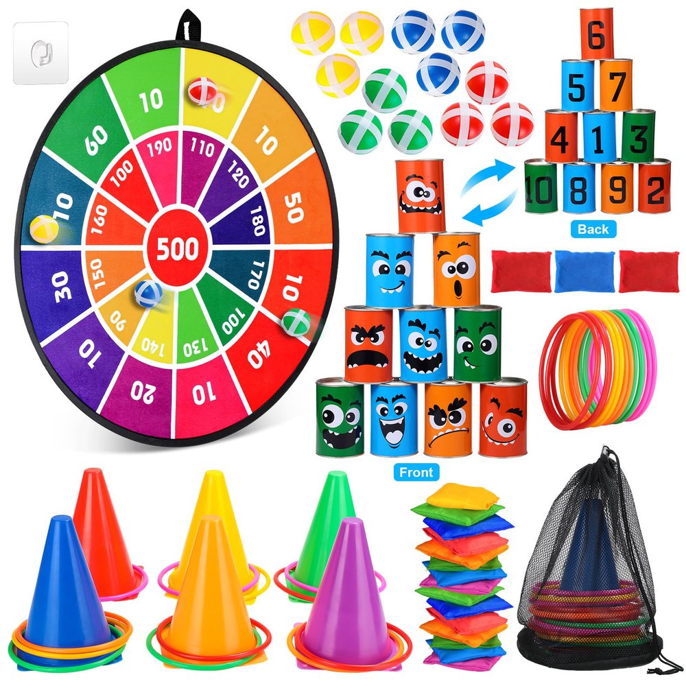 Hungdao 3 Sets Carnival Games Combo Set, Dart Board with Balls Plastic Cones Ring Bean Bags Toss Game for Boys Girls Adults Family Birthday Yard Indoor Outdoor(Vibrant Color, Fun Style)