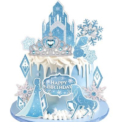GZDUCK Ice Princess Cake Toppers- 16 Pcs Snow Theme Princess Cake Decorations with Castle, Crown, Snowflake Castle Birthday Cake Topper for Girls Kids Baby Shower