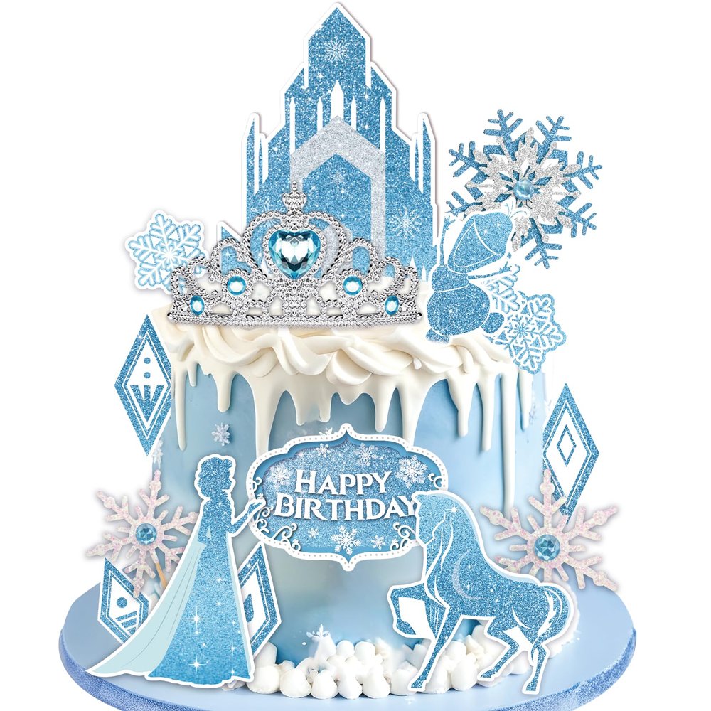 GZDUCK Ice Princess Cake Toppers- 16 Pcs Snow Theme Princess Cake Decorations with Castle, Crown, Snowflake Castle Birthday Cake Topper for Girls Kids Baby Shower
