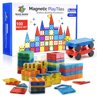 SUNNY AUNTIE Magnetic Tiles 100 PCS with 2 Cars, Magnetic Tiles for Kids & Toddlers, Toy for 3 4 5 6 7 8 Year Old Boys & Girls, Gift Box