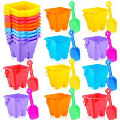 Leitee 20 Pcs Beach Buckets and Sand Shovels Set for Kids Summer Beach Toys Set 5.9 Inch Plastic Castle Shaped Sand Bucket and Shovels Gift for Boys Girls Swimming Pool (Square,Stylish Color)